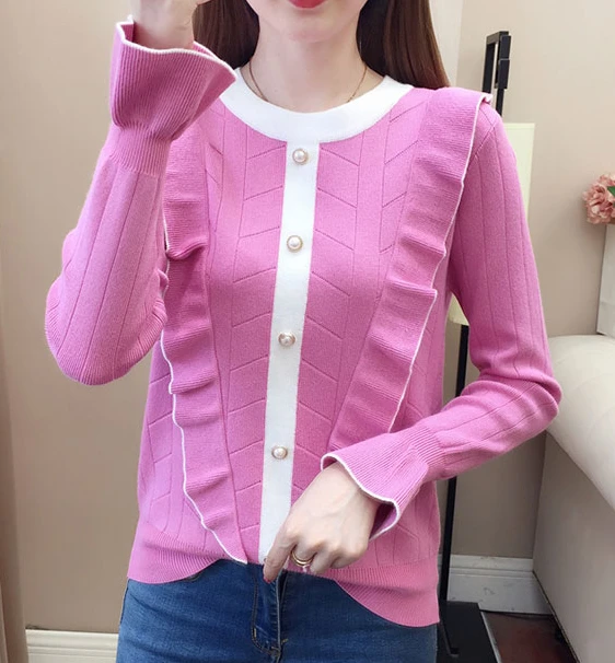 striped sweater Round neck ruffled women's winter new western style ladies sweater gray22 pink cardigan