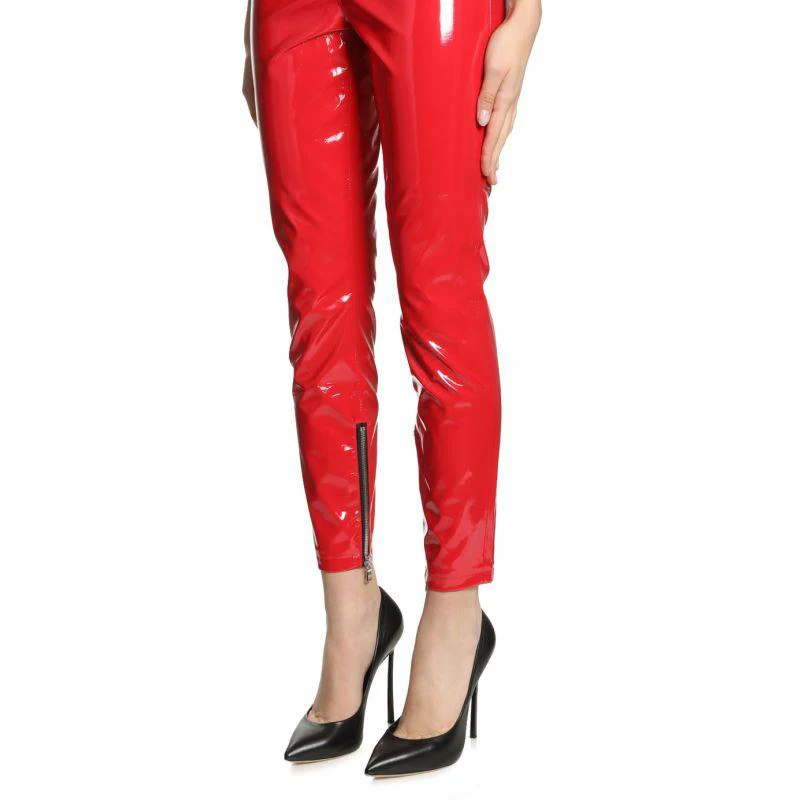 Women's High Waist Shiny Patent Leather Pencil Pants, Casual PU Leather Trousers, Slim Stretch Bodycon Pants, Pocket Fashion
