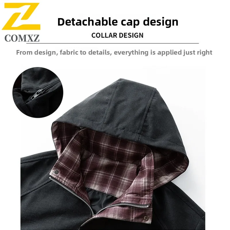 EIAO Suede Hooded Jacket Vintage Plaid Shirt Collar Two-Layer Design Spring Couple Windbreaker Streetwear Oversized Outerwear