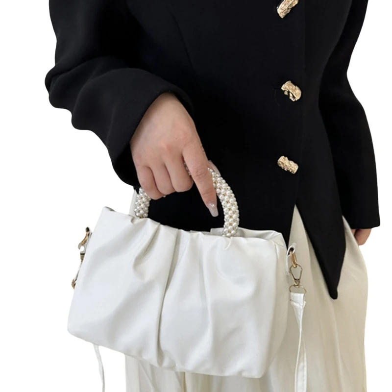 Elegant Ruched Crossbody Bag for Women Korean Shoulder Bag Pearl Handbag E74B