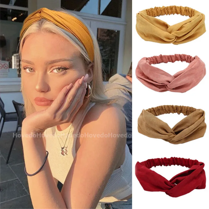 Women Headband Cross Top Knot Elastic Hair Band Soft Solid Color Girls