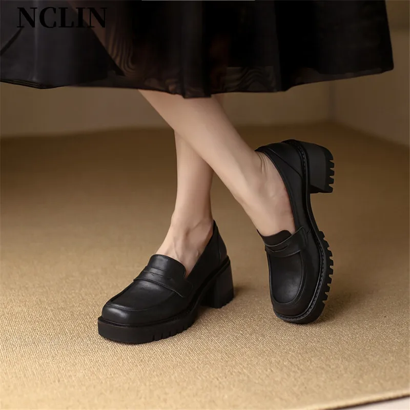 

New Spring Genuine Leather Women Shoes Casual Slip-On Loafers Round Toe Women Pumps Shoes Woman Chunky Heel Shoes Platform Heels