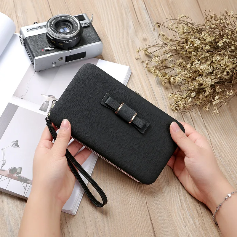 Women Bowknot Wallets Bow Tie Pocket Long Section Zipper Purse Phone Card Holder Clutch
