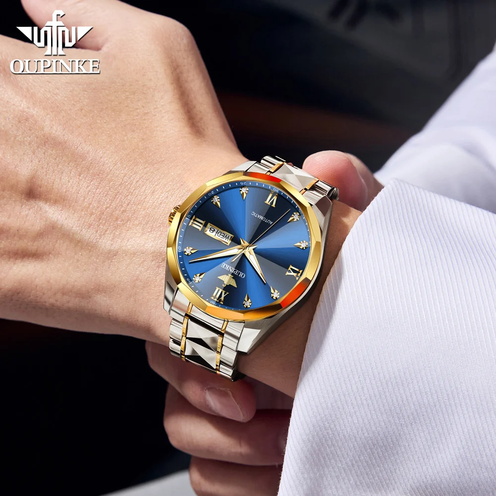 OUPINKE 3313 Man Automatic Watch Rhombus Mirror Mechanical Watch For Men Waterproof Dual Calendar Luxury Men's Dress Wristwatch