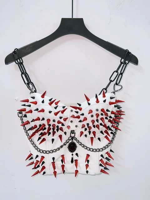 Black Chain Spikey White Cropped Top 3