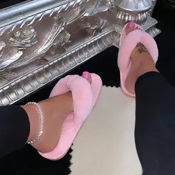 Winter Women House Slippers Faux Fur Warm Flat Shoes Female Slip Home Ladies Slippers Size 36-43 Wholesale 1