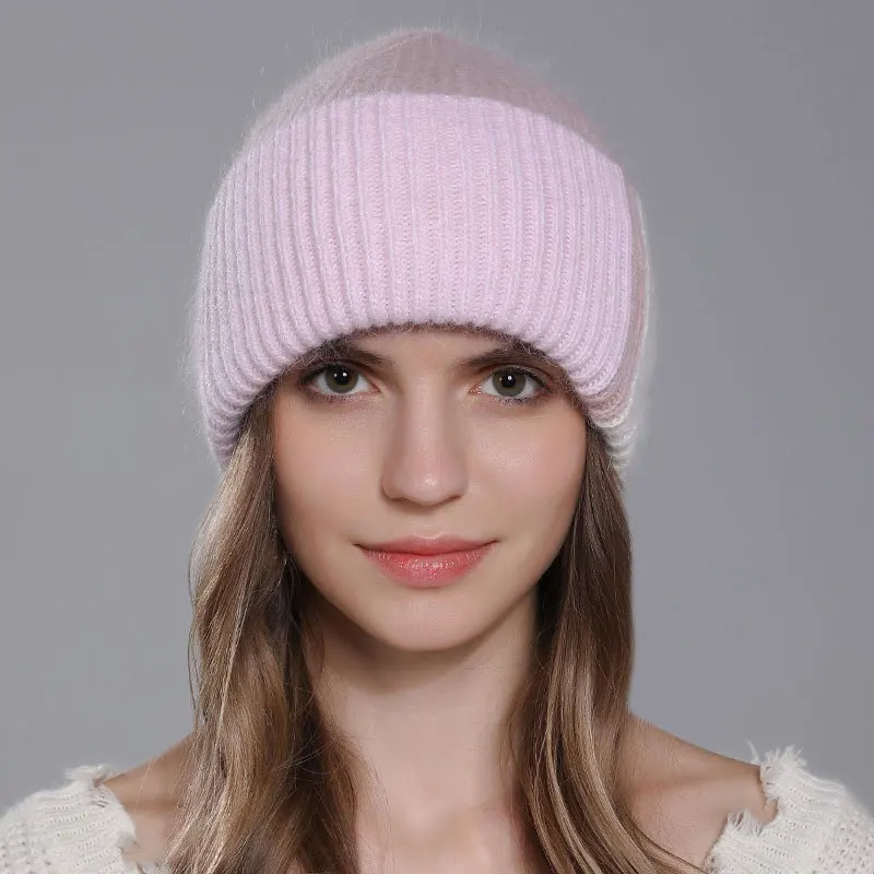 Chapéu de outono para patchwork de pele de coelho, gorro de inverno da moda, gorro de malha quente, chapéus femininos para adultos, capa de cabeça_voghion.com