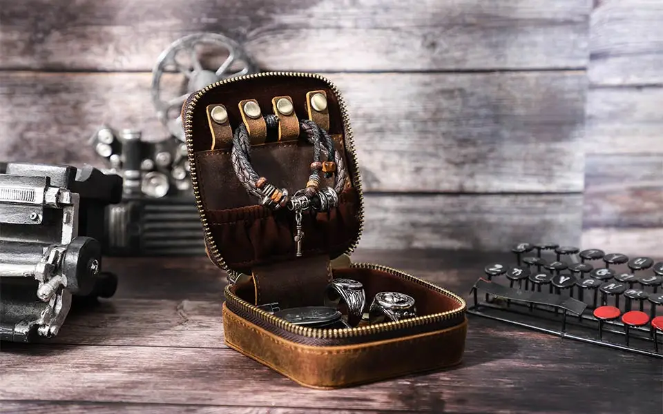 Handgemachte Retro Echtleder Schmuck Aufbewahrungsbox Organizer Display Reise Schmuckschatulle Halter für Männer Frauen Ring Zubehör – Detail 2