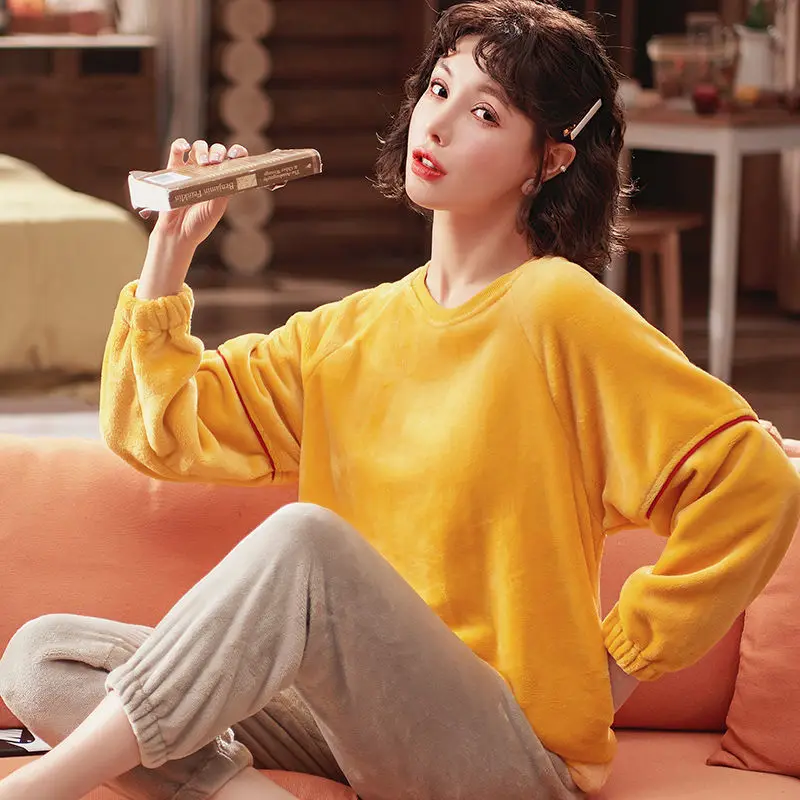 Coral Fleece Sleepwear Women Winter Warm Pajamas Sets Kawaii Clothes Long Sleeve Pullover Pant Loungewear Loose Nightwear Korean