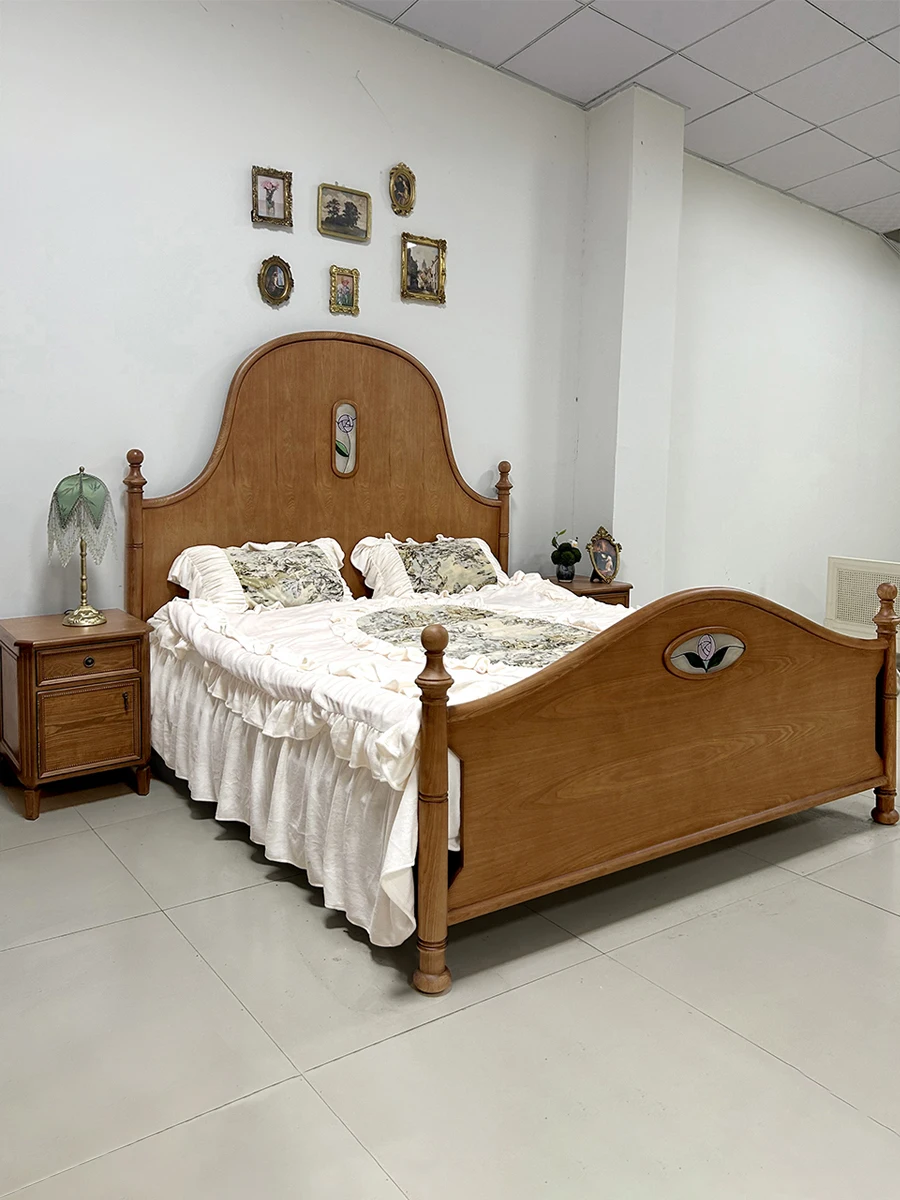 

Американская Ретро средневековая Цветочная окно французская римская колонна цельная деревянная двуспальная кровать