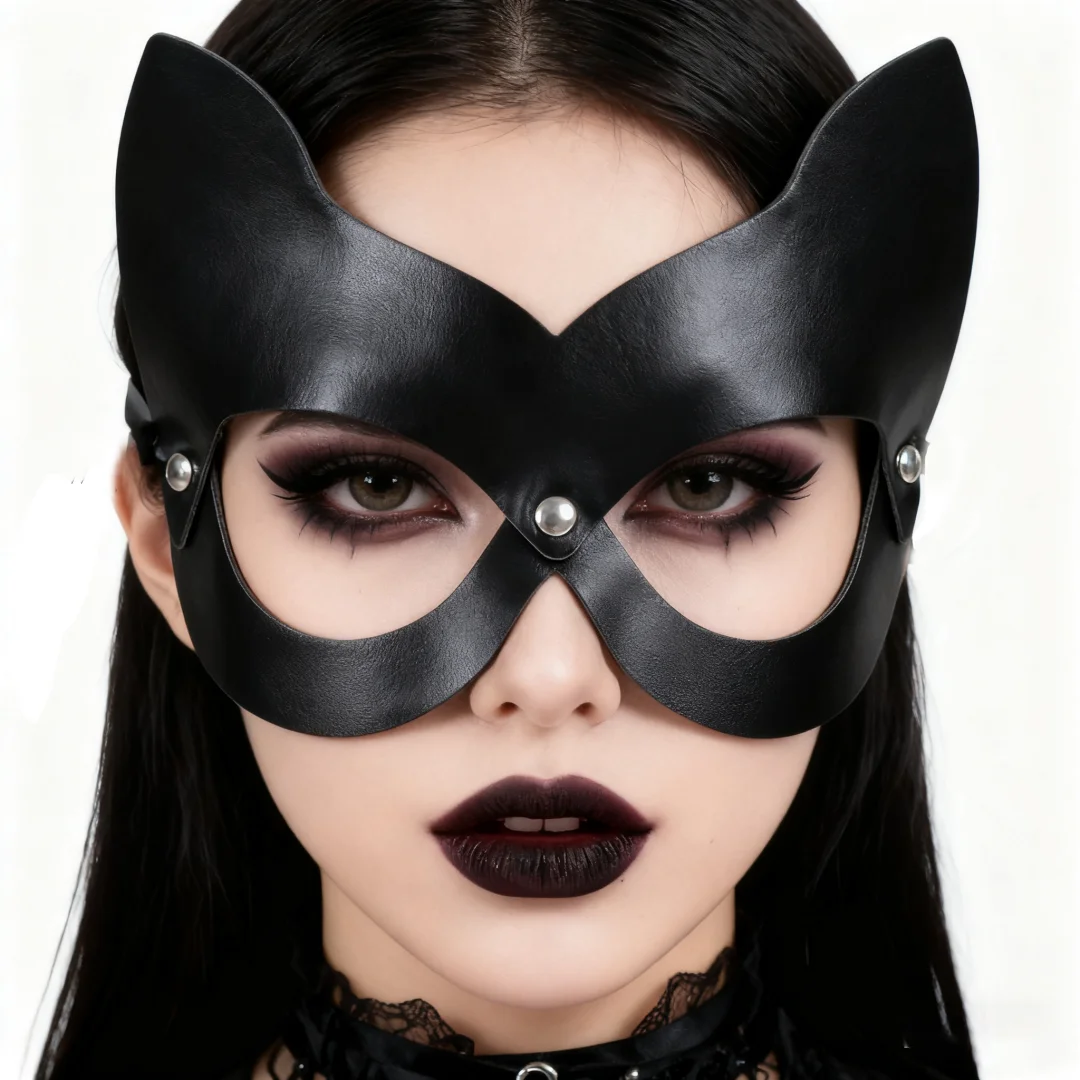 Goth PU Leder Kostüm Cosplay Halbe Gesichtsmaske Gummiband Schwarze Augenmaske Sexy Cosplay Masken Halloween Party Requisiten – Detail 5