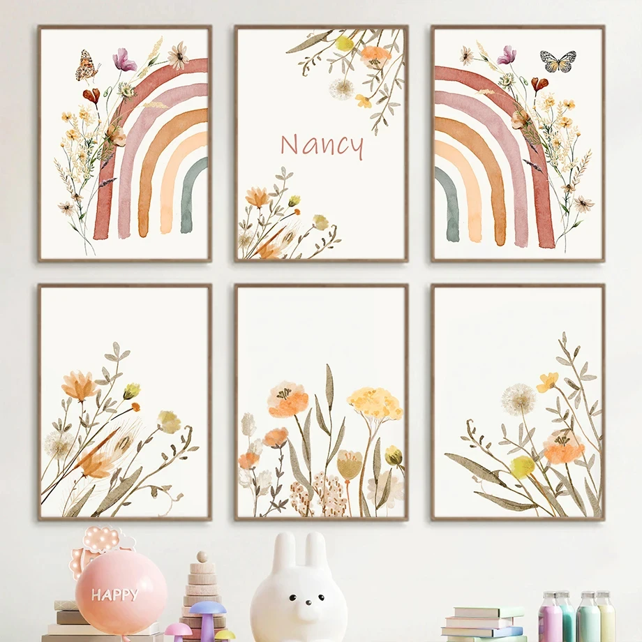 

Boho Rainbow Butterfly Floral Tulip Wild Flower Custom Kids Name Posters, Watercolor Nursery Wall Art Canvas Prints, Room Decor