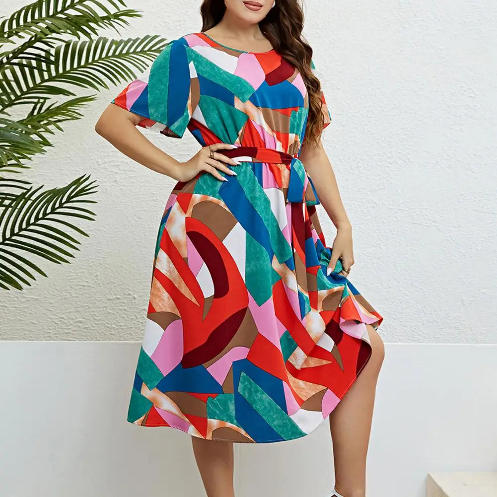 

Women Midi Dress Printed Design Midi Dress Bright Color Round Neck Short Sleeves Belted A-line Midi Dress for Women for Dating