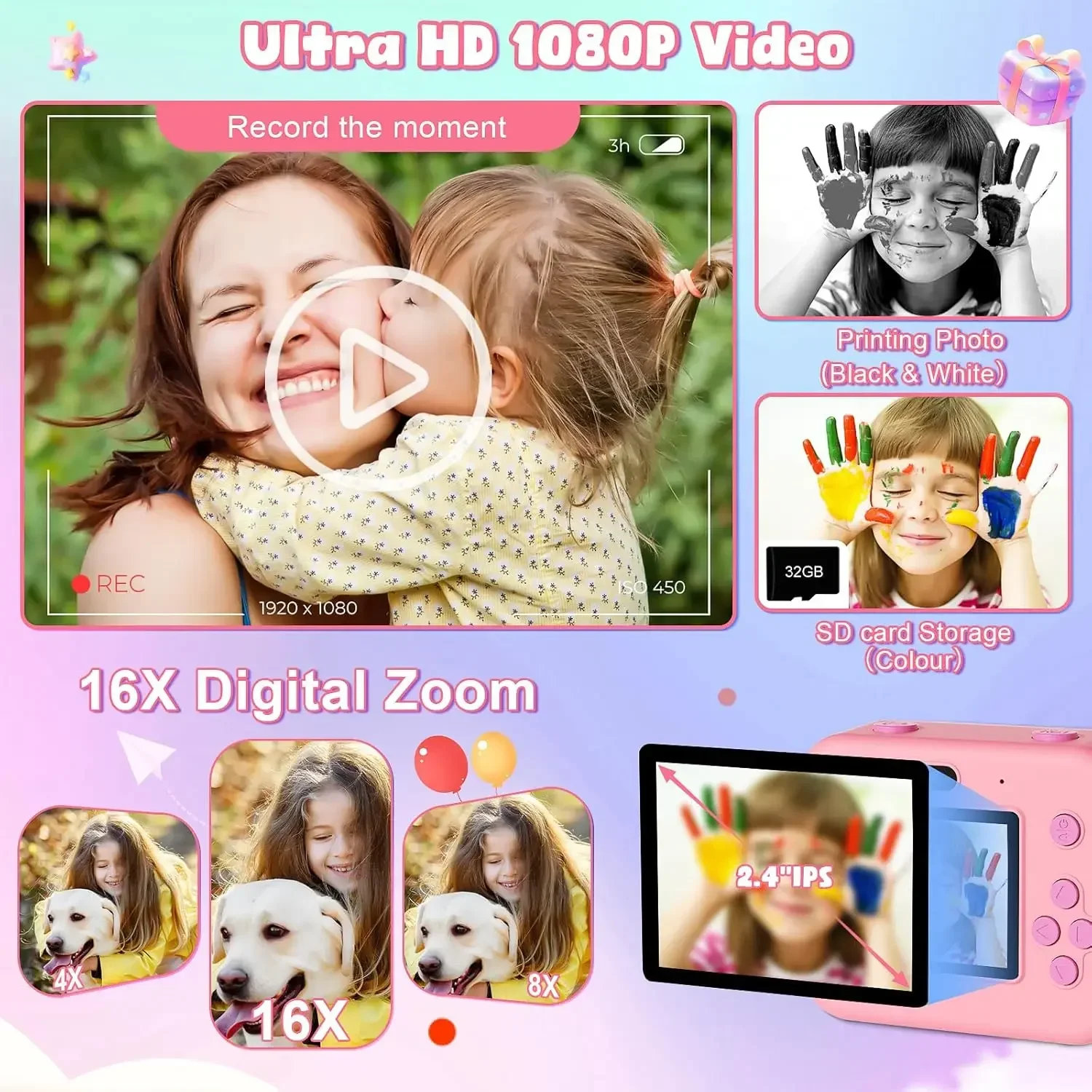 Digital Children Instant Print Camera Video Recording 32G Card Thermal Printing Kids Educational Toy Gift Digital Camera