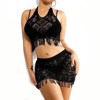 2 pcs Set Sexy Women Fishnet Cover Ups Hollow Out Bodycon Women's Swimwear See through Tassel Dress Bikini Beachwear 1