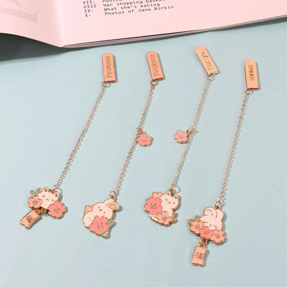 

Student Gifts Office Paper Clips Marker of Page Reading Book Tag Metal Bookmark Romantic Sakura Rabbit Pendant Bookmark