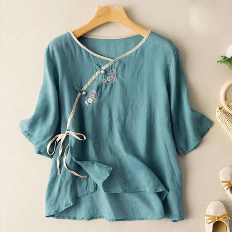 New Spring Summer Traditional Chinese Clothing Women Clothes Short Sleeve Top Loose Hanfu Tang Suit Round Neck Literary T-shirt