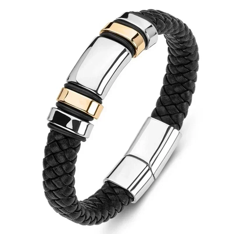 Classic Black Single Layer Hand Braided Leather Bracelet with Magnetic Closure Men's Charm Fashion Casual Jewelry Gift bangle bracelet leather bracelets leather bracelet woven bracelets magnetic bracelet