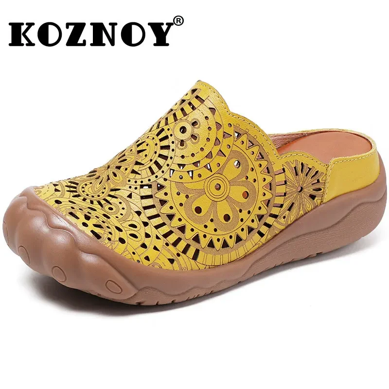 

Koznoy Women Slippers 5cm New Genuine Leather Summer Shoes Platform Wedge Slip on Hollow Designer Ladies Comfy Fashion Hollow
