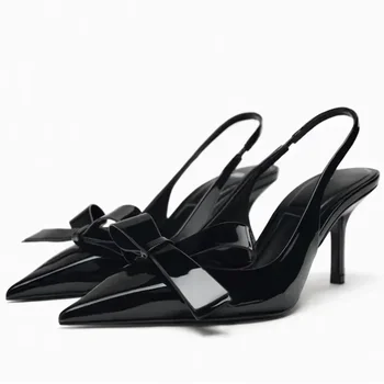 Black Sexy Pointed Toe Thin High Heels Women Fashion Bow Open Toe Heeled Sandals Banquet Dress Shoe Luxury Designer Women Pumps