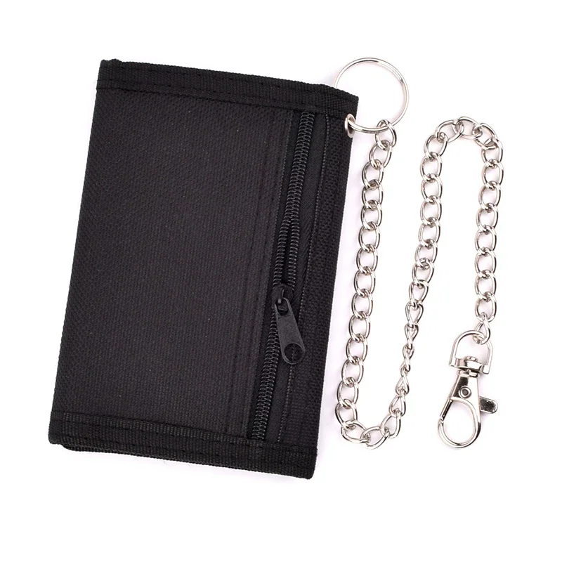 Men's Casual Nylon Tri-Fold Wallet Fashion Mini Card Holder Cash Wallet with Chain New Design Male Short Key Chain