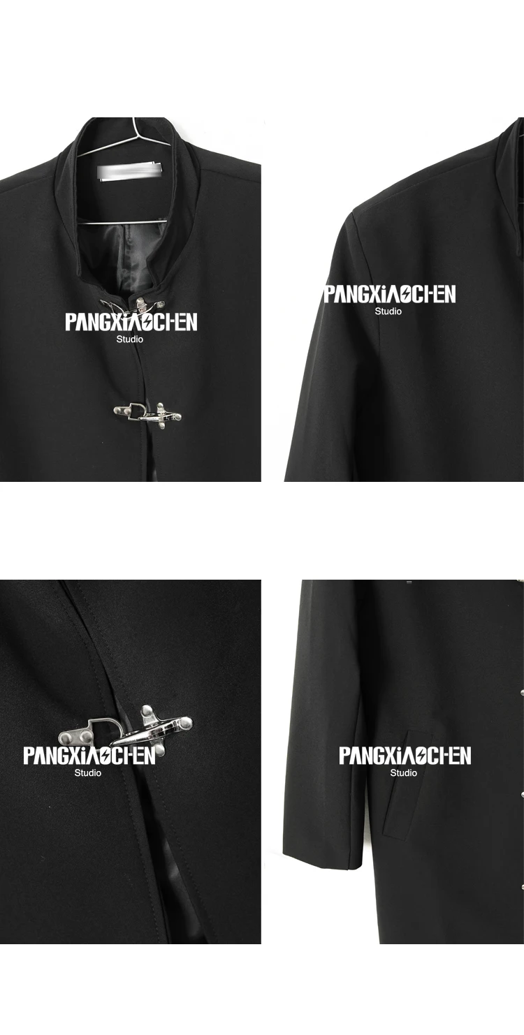 Description Picture 4 of itemOriginal men's new windbreaker long knee length Chinese standing neck metal buckle loose windbreaker jacket trend