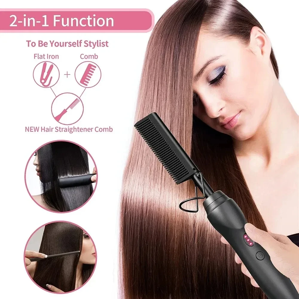 Portable Ceramic Hair Curler Electric Hot Heating Comb Hair Straightener Curler Wet Dry Hair Straightening Hair Styling Tool 4