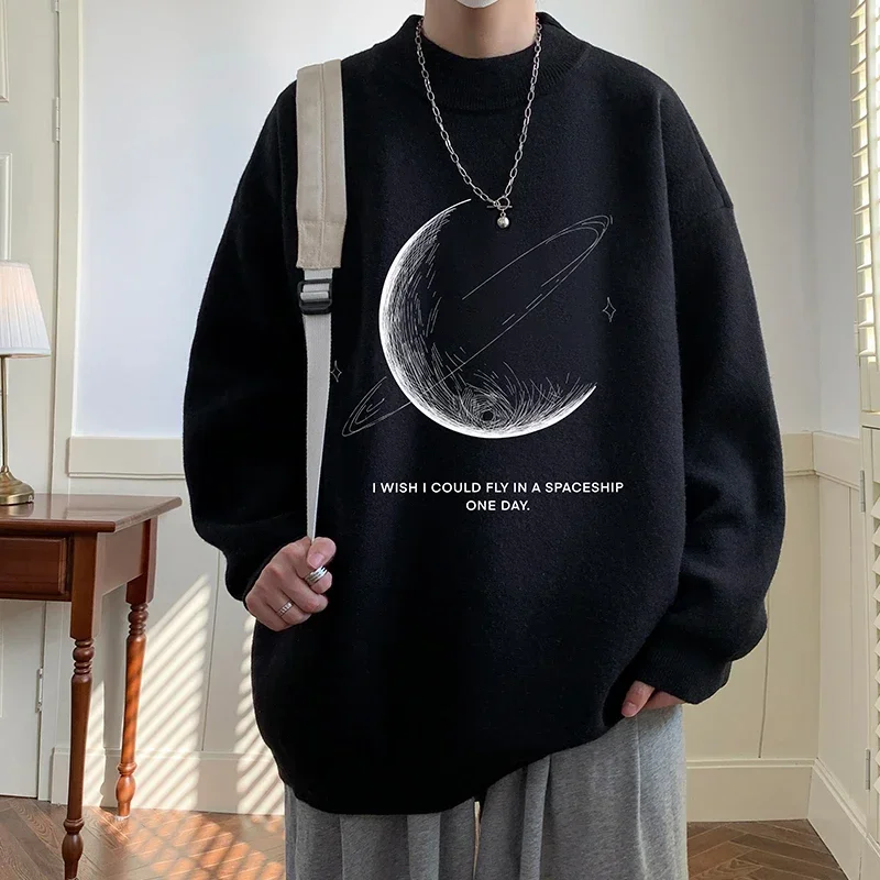 

Men's Oversized Sweaters White Autumn 5XL Knitted Sweater Funny Moon Print Casual Wear for Man Knit Pulloves Men Clothes