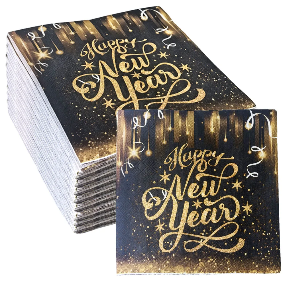New Year Cocktail Napkins 20/40/60pcs Happy New Year Napkins Black and Gold Disposable Party Decors paper napkins