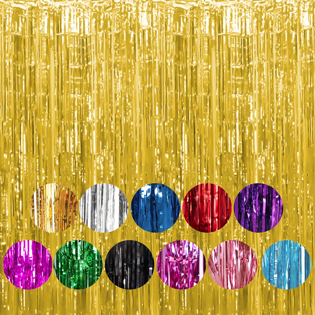 1pcs Set 9.8ft Gold Aluminium Foil Tinsel Curtain Backdrop For Birthday Party Photo