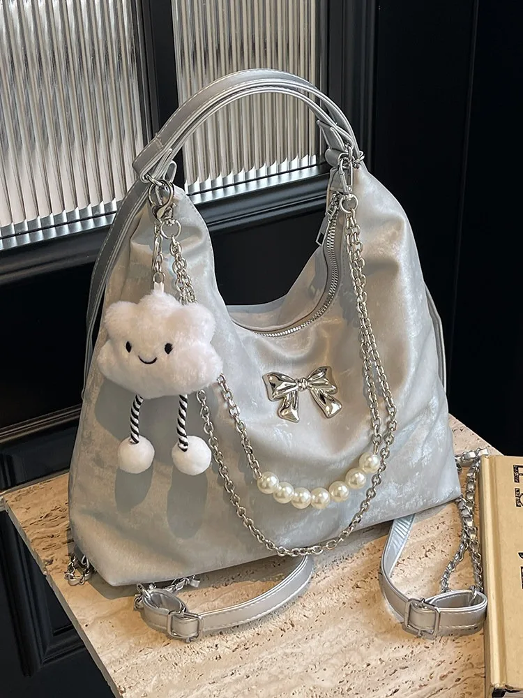 Elegant Silver Large-Capacity Tote Bag with Chain Strap - Perfect