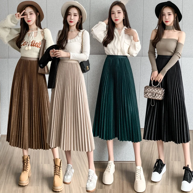 

High Waist Elegant Kawaii Solid Harajuku Maxi Long A Line Midi Faldas Largas Mujer Ladies Korean Formal Pleated White Skirts