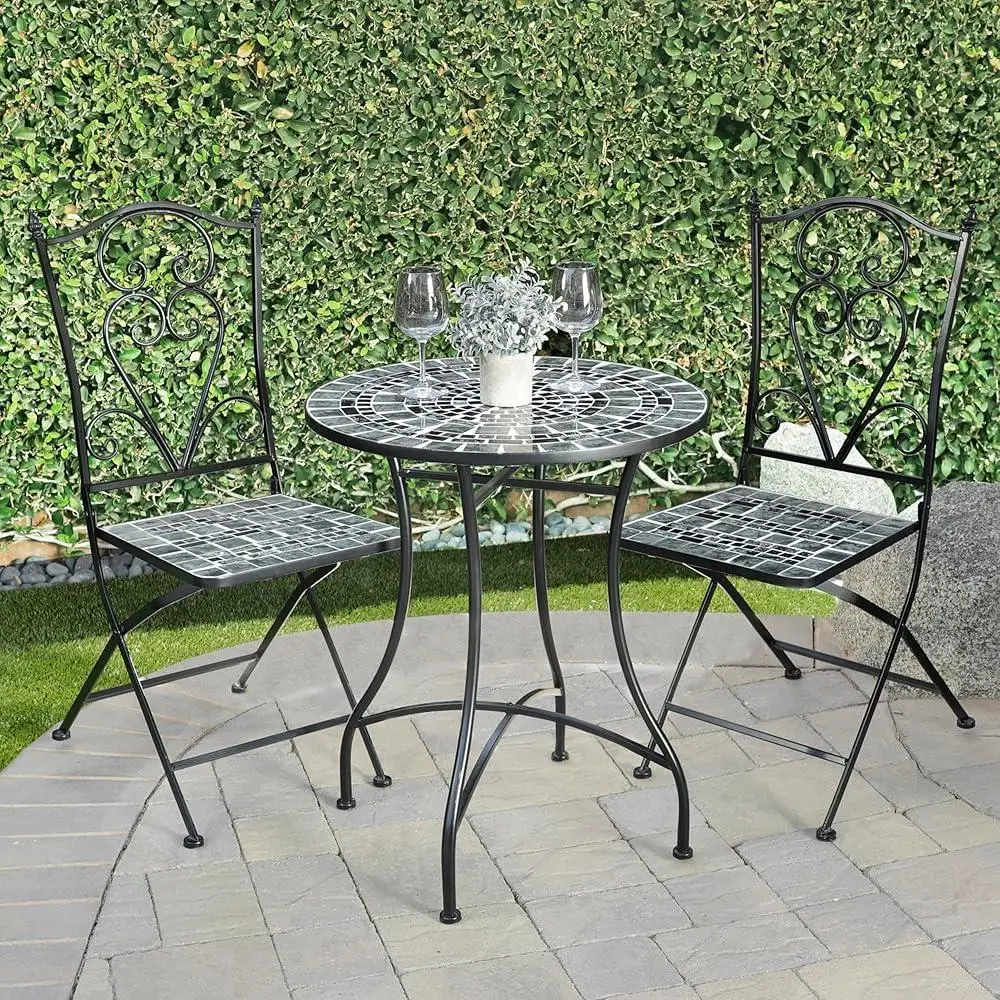 3 Piece Marbled Glass Mosaic Bistro Set Folding Table Chairs Indoor Outdoor Patio Furniture 3