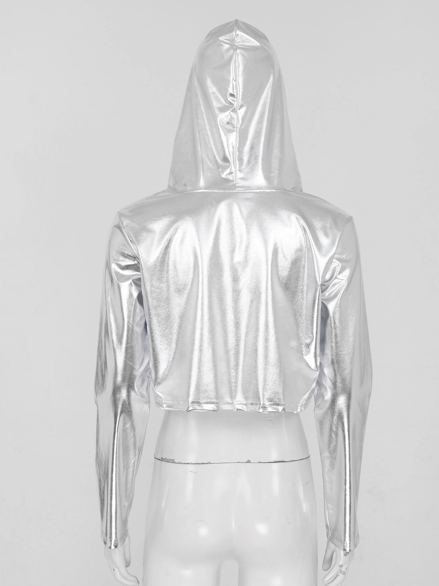 Womens Metallic Holographic Hoodies Fashion Long Sleeve Drawstring Hooded Crop Top Pullovers Rave Party Disco Dance Streetwear