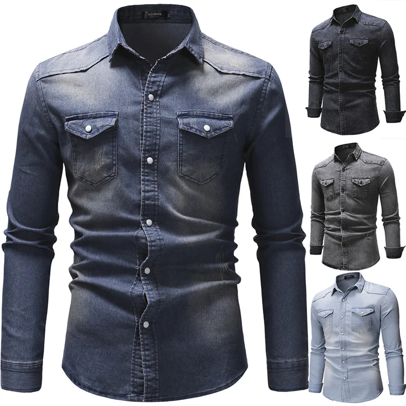 2023new mulberry silk diamond button long sleeve men s shirt stretch comfortable no iron business youth slim casual men clothing 2023New youth popular fashion jeans new retro Europe and the United States simple long sleeve denim shirt men's large size shirt