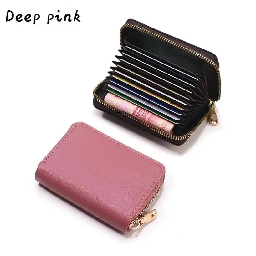 1Pcs PU Leather ID Credit Bank Name Business Card Holder Case Women Zipper Coin Purse Money Bag Change Organizer Blocking Wallet