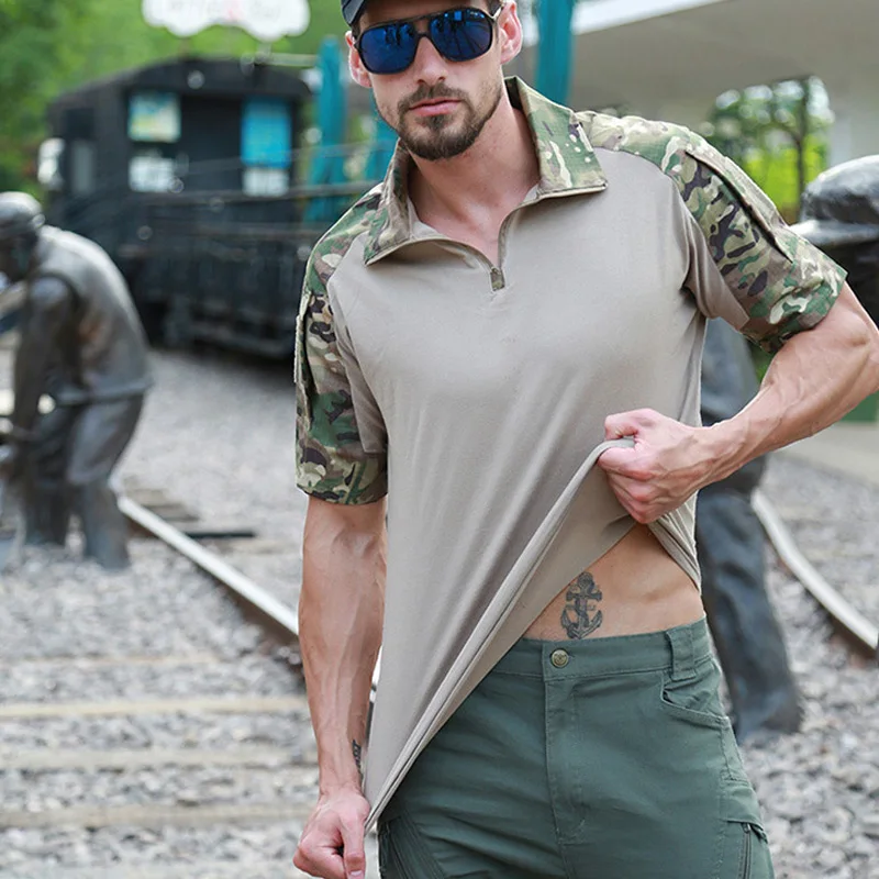 Summer Short Sleeve Combat Shirts Men 1/4 Zipper Cotton Tactical T Shirt Hiking Outdoor Training Shirts Wear Resistant Tops 3