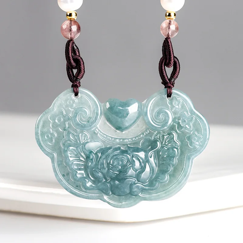 

Natural A-grade Jade Blue Water Blossom Rich Noble Auspicious Ruyi Jadeite Pendant Glutinous Seed Charms Men's Women's Jewelry