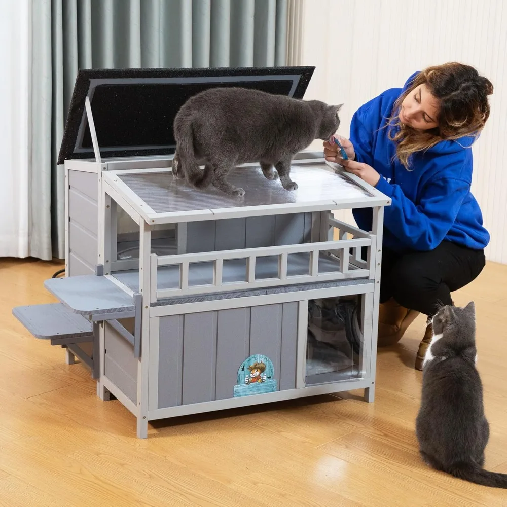 Outdoor Insulated Cat House, 2-Tier Warm Wood Cat Shelter with Sunlight Roof, Balcony, Jumping Platforms,Weatherproof, Openable
