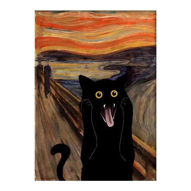 Whimsical Starry Night Cat Canvas Art - Colorful Abstract Floral Decor