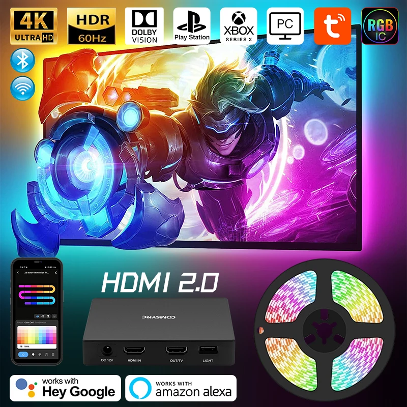 

RGB IC Smart Ambient TV Led Strip Backlight Kit For 4K HDMI 2.0 TV PC Device Sync Box Wifi Alexa Voice Google Assistant Control