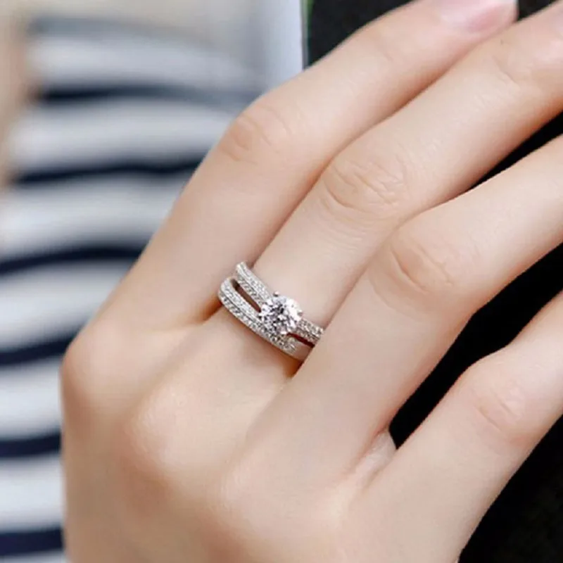 1 pair Vintage Halo 925 Sterling Silver Wedding Ring Set
