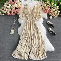 V Neck Sexy Dolman Sleeves Waist Slim Polka Dot Print Jumpsuit Women Wide Leg Trousers Jumpsuit - Image 6