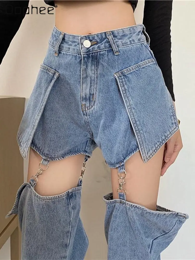 Casual Two-Section Detachable Split High Waist Jeans 2023 Spring New Denim Straight Wide Leg Jean Shorts Casual Women's Pants