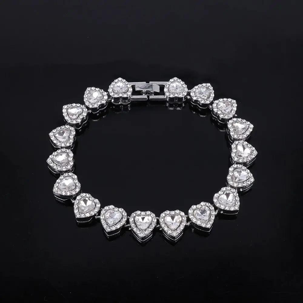 1Pcs 20/45cm Heart-shaped Chain Bracelet Necklace Shiny Heart Rhinestone Fashion Rock Party Jewelry