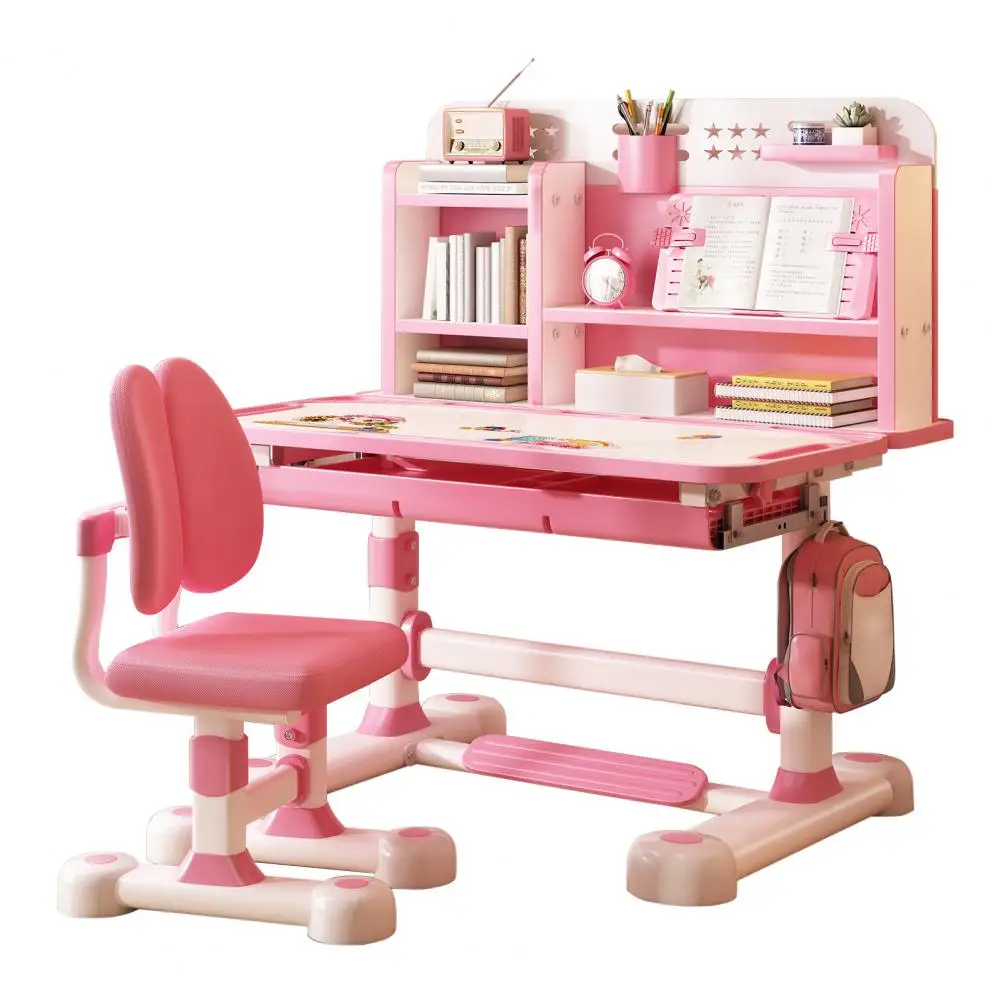 2Pcs/Set Kids Study Desk Chair Set, Height Adjustable Children School Study Table Chair Set with Sitting Corrector Desk