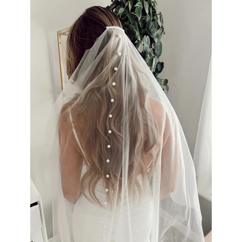 

V64 Simple Pearls Bridal Veils Sheer Wedding Veil 1 Tier Cut Edge Beaded Short Soft Wedding Accessories for Bride