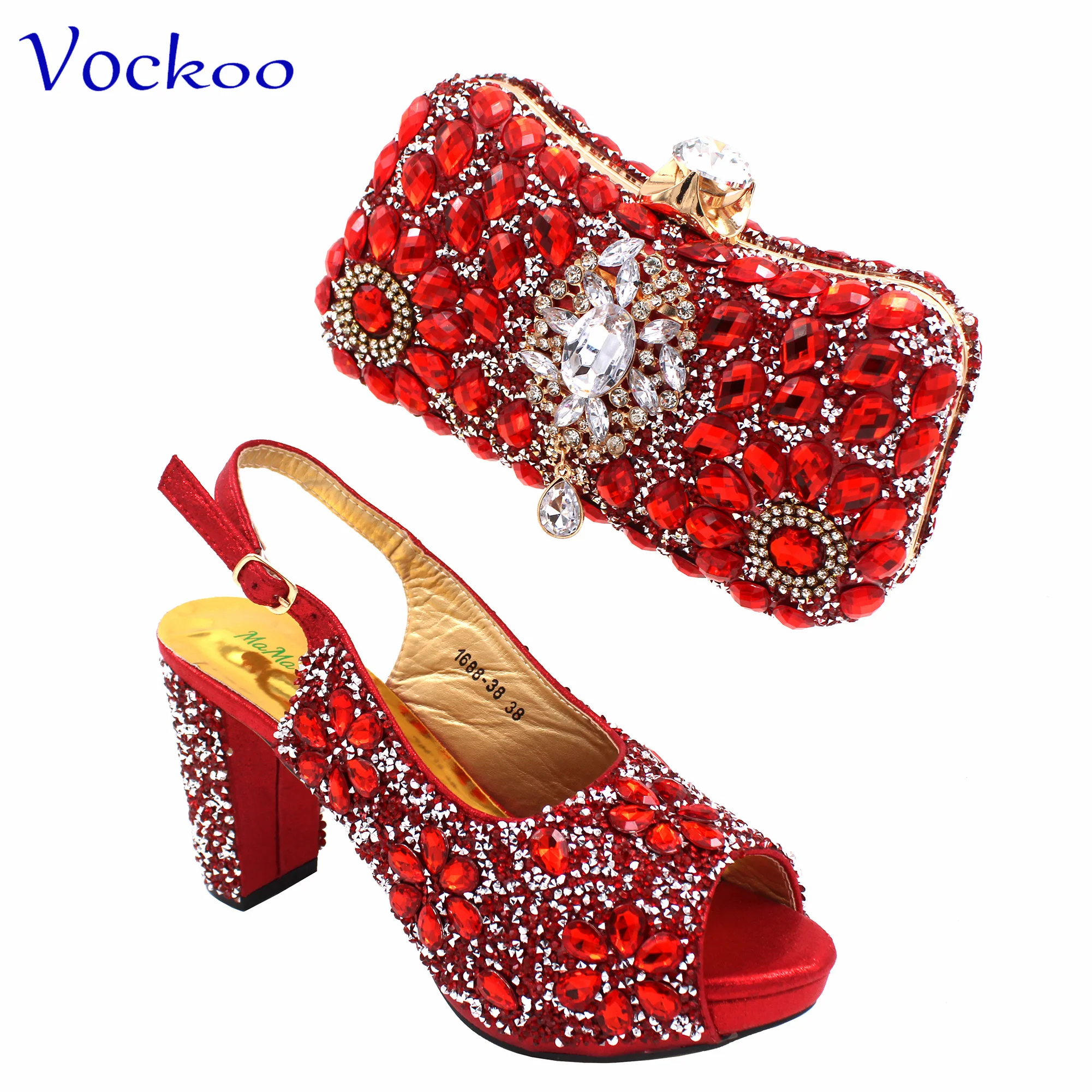 African Style Shoes and Bag in Red Color Peep Toe Sandals with Shinning Crystal 2024 Specials Design Sexy Women for Party