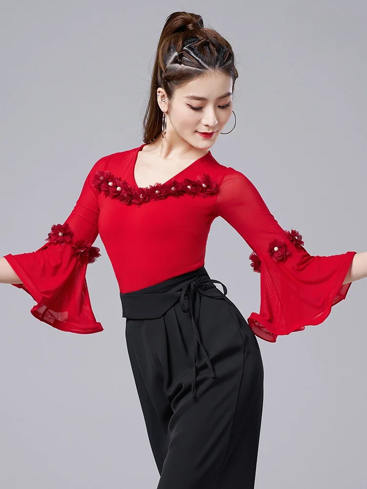 

X2178 Modern Dancing Top Women's Latin Dancing Jumpsuit Dance Ballroom Dance Waltz V-neck Lotus Leaf Jumpsuit