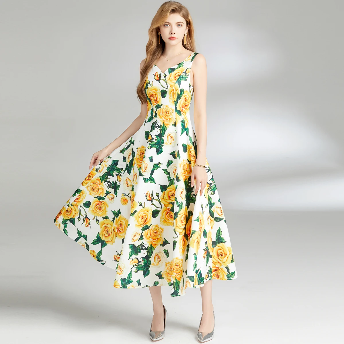 

New Summer Flower Print Bohemain Holiday Long Dress Elegant Women V Neck Sleeveless Tank Rose Floral Yellow Slim Ball Gown Robe